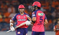 Rajasthan Royals' Yashasvi Jaiswal and Riyan Parag run between the wickets