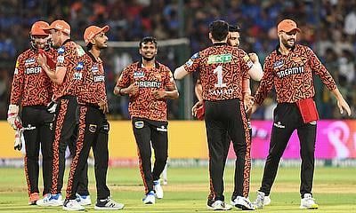 Sunrisers Hyderabad players celebrate the dismissal of Royal Challengers Bengaluru's Virat Kohli during the IPL