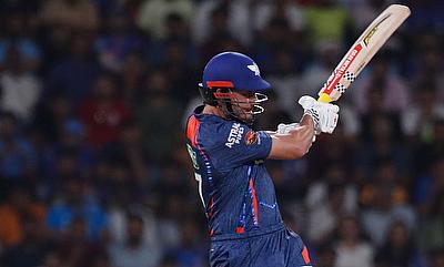 Lucknow Super Giants' Marcus Stoinis plays a shot during IPL