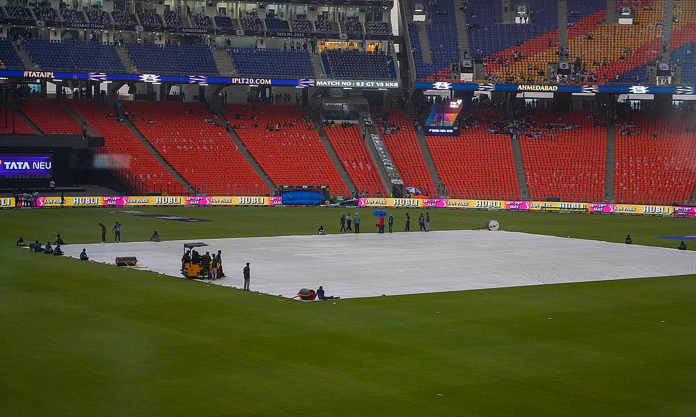 Pitch is seen covered as the start of the IPL