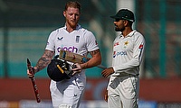 England's captain Ben Stokes talks to his Pakistani counterpart Babar Azam after winning the match