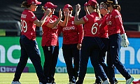England players celebrate the wicket of Pakistan's Sidra Amee