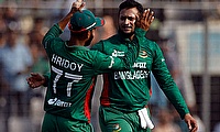 Bangladesh's Shakib Al Hasan celebrates with Towhid Hridoy