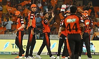 SRH bowler Bhuvneshwar Kumar with teammates celebrate