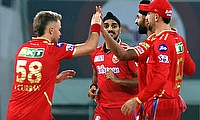 PBKS bowler Harpreet Brar with teammates celebrate