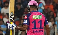 RR captain Sanju Samson celebrates his half-century