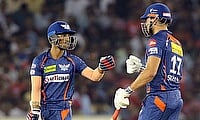 Ayush Badoni and Marcus Stoinis celebrate partnership