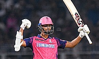 RR's batsman Yashasvi Jaiswal celebrates his half-century