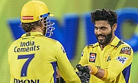 Chennai Super Kings' Ravindra Jadeja and captain MS Dhoni celebrate