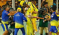 Chennai Super Kings captain MS Dhoni lifts Ravindra Jadeja