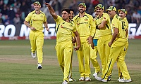 Australia's Marcus Stoinis celebrates with teammates after taking the wicket of South Africa's Temba Bavuma