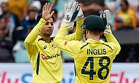 Australia's Spencer Tanveer Sangha celebrates after taking the wicket of South Africa's Reeza Hendricks, caught by Josh Inglis