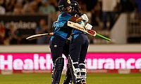Lanka's Harshitha Samarawickrama and Hasini Perera celebrate after winning