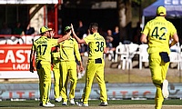 Australia's Josh Hazlewood celebrates with teammates after taking the wicket of South Africa's Marco Jansen