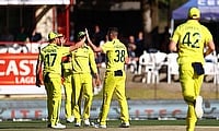 Australia's Josh Hazlewood celebrates with teammates after taking the wicket of South Africa's Marco Jansen