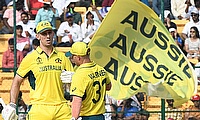 Australia's David Warner and Mitchell Marsh celebrate their partnership