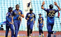 Sri Lanka's Maheesh Theekshana celebrates the wicket of Netherlands' Scott Edwards