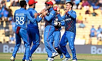 Afghanistan's Noor Ahmad celebrates the wicket of Pakistan's Mohammad Rizwan