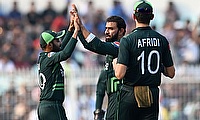 Pakistan's Iftikhar Ahmed celebrates the wicket of Bangladesh's Litton Das