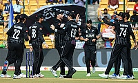 New Zealand's players celebrate the dismissal of Sri Lanka's captain Kusal Mendis