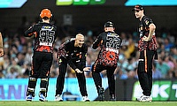 Ashton Agar (centre) of the Scorchers celebrates with team mates