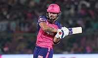 Rajasthan Royals' Riyan Parag plays a shot