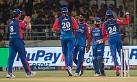 Delhi Capitals' Khaleel Ahmed celebrates the dismissal of Chennai Super Kings' captain Ruturaj Gaikwad