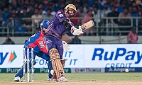 Kolkata Knight Riders' Sunil Narine plays a shot