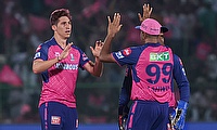 Rajasthan Royals' Nandre Burger celebrates