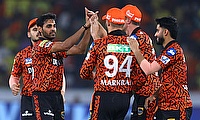 Hyderabad: Sunrisers Hyderabad's Aiden Markram celebrates with teammates after taking the catch of Chennai Super King's batsman Rachin Ravindra during