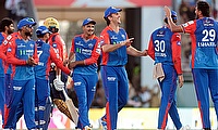 Delhi Capitals players celebrate the wicket of Punjab Kings' Jonny Bairstow