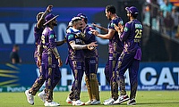 Kolkata Knight Riders' Ramandeep Singh is congratulated by teammates
