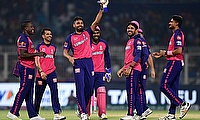 Rajasthan Royals' Avesh Khan, celebrates the wicket of Kolkata Knight Riders' Phil Salt