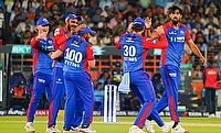 Delhi Capitals' Ishant Sharma celebrates the wicket of Gujarat Titans' captain Shubman Gill
