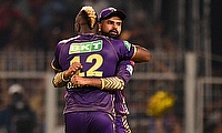 Kolkata Knight Riders' Andre Russell celebrates with captain Shreyas Iyer