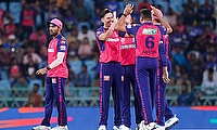 Rajasthan Royals' Trent Boult celebrates the wicket of Lucknow Super Giants' Quinton de Kock