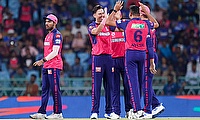 Rajasthan Royals' Trent Boult celebrates the wicket of Lucknow Super Giants' Quinton de Kock