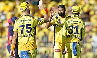 Chennai Super Kings' Simarjeet Singh celebrates