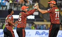 Sunrisers Hyderabad's Heinrich Klaasen celebrates with teammates