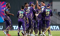 Kolkaya Knight Riders' Mitchell Starc celebrates the wicket of Lucknow Super Giants' Arshin Kulkarni