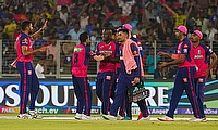 Rajasthan Royals players celebrate the wicket of Royal Challengers Bengaluru's captain Faf du Plessis