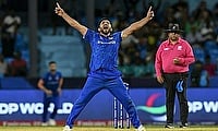Afghanistan's Gulbadin Naib celebrates after the dismissal of Australia's Glenn Maxwell