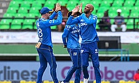 Roston Chase (R) and Faf Du Plessis (L) of Saint Lucia Kings celebrate