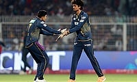 Gujarat Titans' Sai Kishore celebrates with Shubman Gill