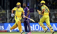 Chennai Super Kings' MS Dhoni and Shivam Dube in action running between the wickets
