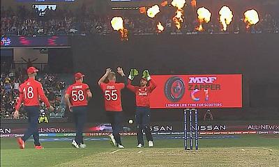 England celebrate a wicket alt=