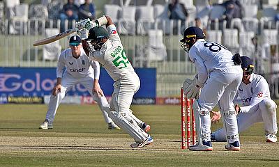 Pakistan's Saud Shakeel plays a shot alt=