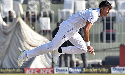 England's James Anderson bowls alt=