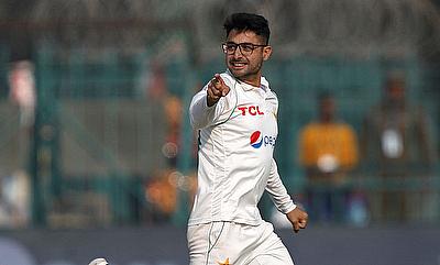 Pakistan's Abrar Ahmed celebrates taking the wicket of England's Ben Stokes