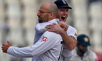 England's Jack Leach and captain Ben Stokes celebrate the dismissal of Pakistan's Mohammad Rizwan 2